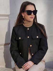 2026 New Short Jacket - Wool Texture, Round Neck, Gold Buttons, Flap Pockets Black - Black - View 3