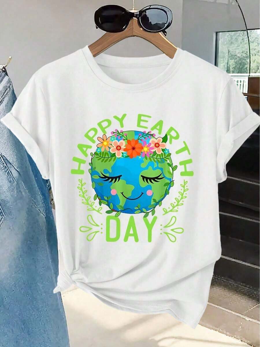 Women's Short-Sleeved T-Shirt With An Earth Print, Crew Neck, Machine Washable, Soft To The Touch, Breathable, Suitable For Spring, Summer, And Autumn. Friendly, Unique, Casual, For Everyday Wear, Easy To Match, Women's Top, Sizes S-XXL. Suitable For Many Occasions, Such As Charity Events, Nature Excursions, Etc. Unisex Loose-Fitting Cotton Short-Sleeved Crew Neck T-Shirt With An Urban Vintage Style - 白色 - 查看 1