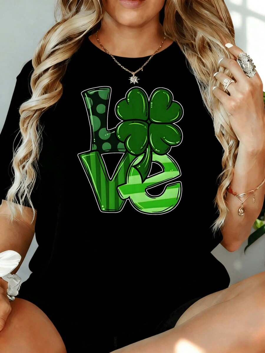 Camiseta de San Patricio con Diseño de Trébol para Mujer, Blanca, de Corte Holgado, Informal, para Celebración del Día de San Patricio, 180g, para Ocio en Casa, Aire Libre, Regalo para Fiesta de San Valentín - Negro - Ver 1