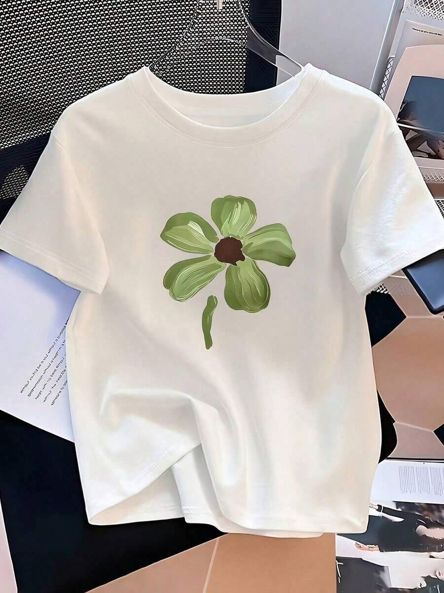 Camiseta De Mujer Con Estampado Floral Verde Estilo Pintura Al óLeo, Top De Manga Corta Holgado, Fresco Y ArtíStico, Inspirado En El Bosque, Top De Manga Corta Con Cuello Redondo, Corte Holgado, Simple Y Sofisticado, Top VersáTil De Estilo Urbano De Verano, Para Vestirse A Diario, Para Salidas Cotidianas. - Blanco - Ver 1