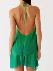 Women Ruffle Halter Neck Mini Dress Mock Neck Sleeveless Open Back Tiered Dress Y2K Mesh Layered Summer Going Out A Line Dresses - Green - View 6