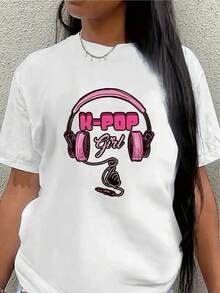 New 2026 Collection: Short-Sleeve Cotton T-Shirt For K-Fans, Lightweight And Durable Design, Perfect For Concerts, Parties, Or Casual Wear At Home Or A Cafe, Featuring A Pink Headphone Graphic And K-Fan Print - 白色 - 查看 12