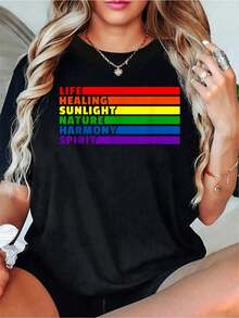 Camiseta Casual de Manga Corta con Cuello Redondo para Mujer - Ajuste Cómodo con Estampado de Frases Inspiradoras de Arcoíris, Camiseta Negra Transpirable, Adecuada para Primavera y Verano, Lavable a Máquina, Ropa de Verano. |   Camisa estampada con diseño |   Tela cómoda, camiseta de mujer - Negro - Ver 1