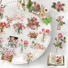 50pcs Floral & Letter Sticker Pack, Waterproof Transparent PET Material, Suitable For Scrapbooking, Diary, Guitar, Notebook Decoration - Multicolor - View 4