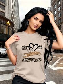 Glitter Heart Print T-Shirt With Leopard Print Design,  And Breathable, Suitable For Family Trips, School Activities, Casual Sports, Daily Commutes, Matching Sister Outfits, Versatile T-Shirt. 9XO7 - 杏色 - 查看 2