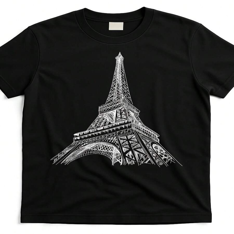 Camiseta exclusiva para el Día de la Independencia/Día del Padre con dise?o de la Torre Eiffel pintada a mano hde6127126 Negra Imagen del producto Unisex Verano 2025 Camiseta estampada de manga corta Algodón puro 220 g - Negro - Ver 1