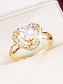 1pc Elegant Double-Layer Heart Design Cubic Zirconia Inlaid Women's Ring, Holiday Gift - Multicolor - View 1