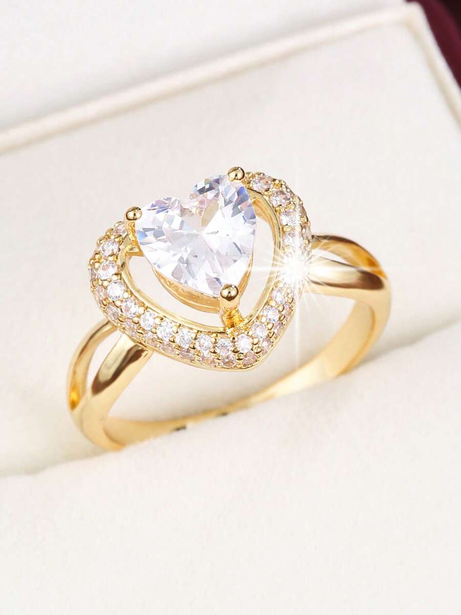 1pc Elegant Double-Layer Heart Design Cubic Zirconia Inlaid Women's Ring, Holiday Gift - Multicolor - View 1