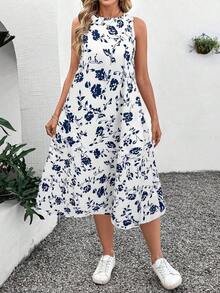 LUNE Vestido midi casual y elegante de cuello redondo, sin mangas, con bajo acampanado y estampado floral retro - Azul y blanco - Ver 5