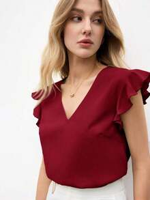 Blusa holgada de manga abullonada y cuello en V para mujer, estilo urbano básico, elegante y minimalista para uso casual en la oficina, adecuada para maestras y atuendo de negocios, otoño - Rojo - Ver 8