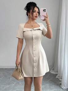 Vestido corto de manga corta con cuello trapezoidal elegante, volantes y cintura con botones en forma de línea A, adecuado para el trabajo, primavera/verano - Albaricoque - Ver 8