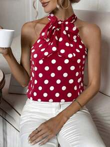 Blusa con estampado de lunares de cuello con cordón - Rojo - Ver 1