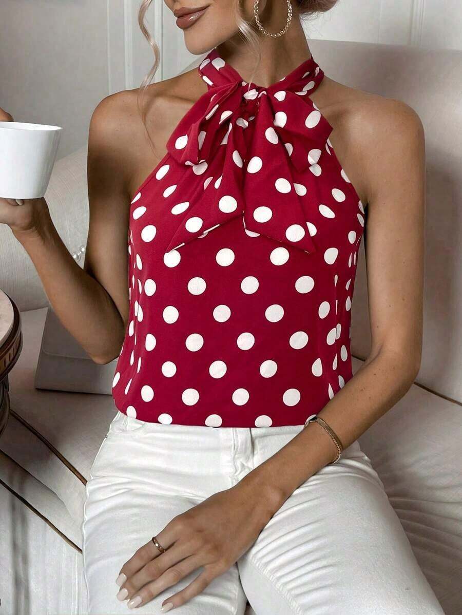 Blusa con estampado de lunares de cuello con cordón - Rojo - Ver 1