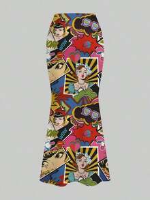 Elegante falda de sirena elástica tejida con estampado de leopardo para mujeres de vacaciones en la playa, estilo ajustado con banda de cintura elástica - Multicolor - Ver 3
