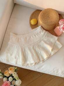 Culotte de mujer de cintura elástica y bajo con volantes de unicolor - Blanco - Ver 4