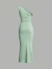 Vestido largo de tipo cola de pez minimalista con hombro asimétrico en color liso, arrugado, para uso diario casual - verde menta - Ver 2