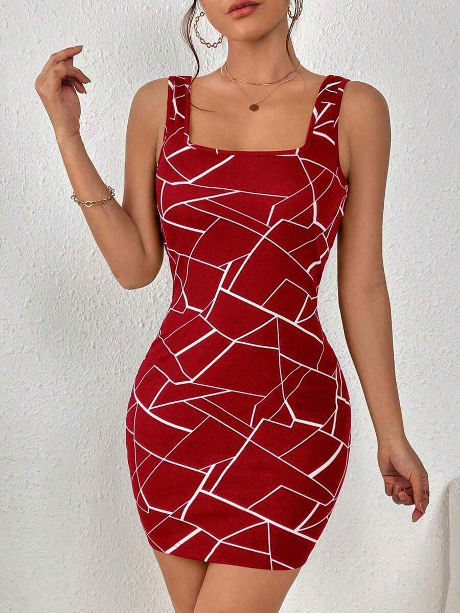 Vestido ajustado tank con estampado geométrico - Rojo - Ver 1