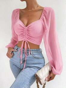 Blusa de manga farol con cuello de corazón y pliegues, corta - Rosa - Ver 5