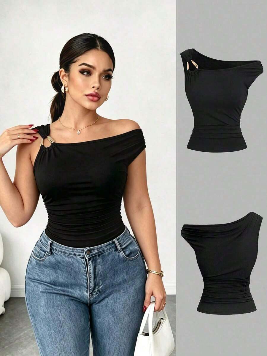 Camiseta ajustada con cuello asimétrico talla grande, top casual versátil, primavera/verano - Negro - Ver 1