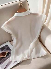 de mujer casual de gasa con cuello abotonado en blanco para primavera y verano, blusa de manga corta de unicolor para mujer, adecuada para uso en la oficina, uso casual y uso de vacaciones, blusas elegantes de mujer, blusas elegantes para m - Blanco - Ver 2