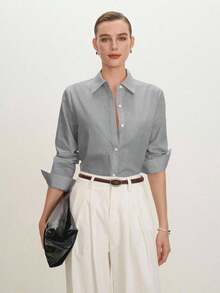 2026 Nueva Camisa Básica Versátil y Elegante para Mujer con Botones Delanteros y Cuello Mao en Color Azul Claro, Adecuada para Ir al Trabajo, Uso Diario, Estilo Retro de los 90, Navidad, Año Nuevo, Fiesta de San Valentín, Playa, Graduación, Moda, - Gris - Ver 7