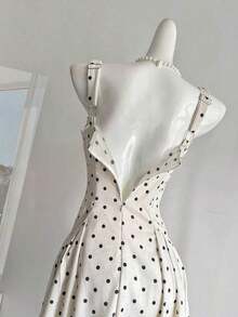 Vestido casual de largo medio sin mangas con cuello cuadrado, plisado y estampado de lunares para mujeres - Multicolor - Ver 4