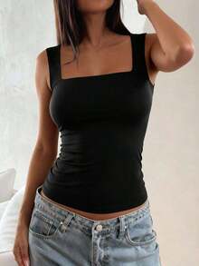 Camiseta sin mangas ajustada de unicolor con cuello cuadrado para mujer , Chaleco de unicolor minimalista y retro, Camiseta de punto sin espalda de moda de verano, Versátil y casual, Adecuado para el trabajo y el transporte - Negro - Ver 7