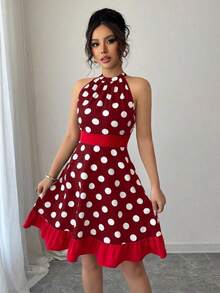 Vestido mini casual de fiesta con pliegues y lunares para mujer - Rojo - Ver 4