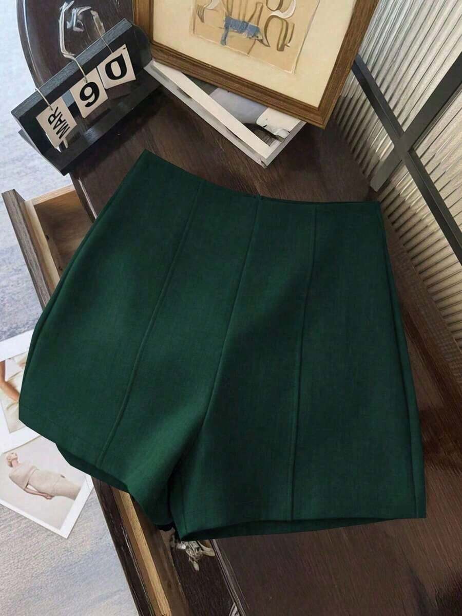 Shorts de mujer de cintura alta de color gris oscuro minimalista y de moda, con cierre de cremallera en la espalda, adecuados para el uso diario, citas y ocasiones románticas - Verde Oscuro - Ver 1