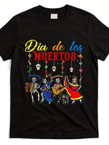 Mexican Day Of The Dead Dancing Skeleton Design T-Shirt, Same Style For Men And Women, Short-Sleeved Printed T-Shirt For Summer 2025, 220g Pure Clothing, Everyday Summer Wear, Unisex Casual T-Shirt, Short-Sleeved T-Shirt, Mexican Skeleton - 黑色 - 查看 7