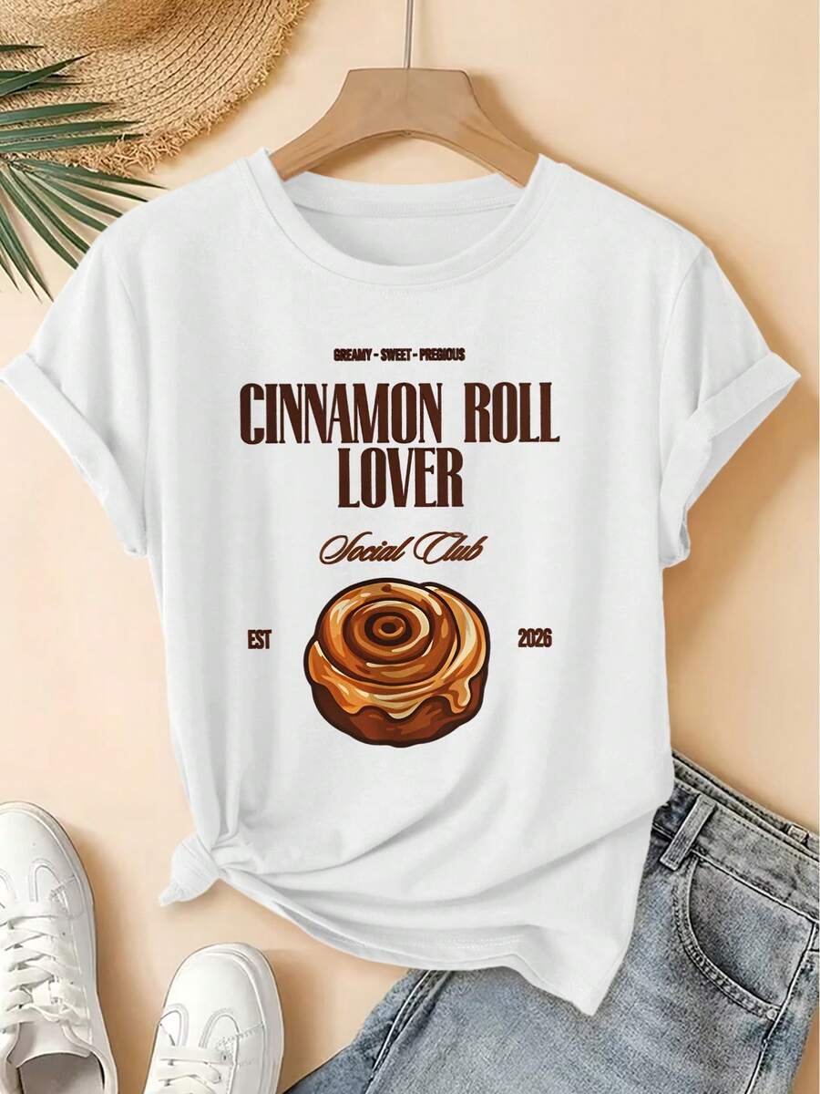 2026 Spring Summer New Women Round Neck CINNAMON ROLL Print Short-Sleeved T-Shirt Retro Distressed Casual Top Soft Fabric High-Quality Women Clothing Fun And Quirky Design Suitable For Spring - 白色 - 查看 1