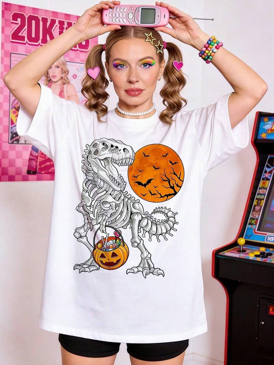 Women's Soft And Casual Short-Sleeved Crew Neck T-Shirt, Ideal For Summer, With Halloween Designs: Jack-O'-Lantern, Tyrannosaurus Rex, Christmas Candy, "Trick Or Treat", Western Holiday, Urban Style, Loungewear, Halloween Skeleton T-Shirt With T-Rex Design And Candy Bucket With Pumpkin. White Color. - 白色 - 查看 1