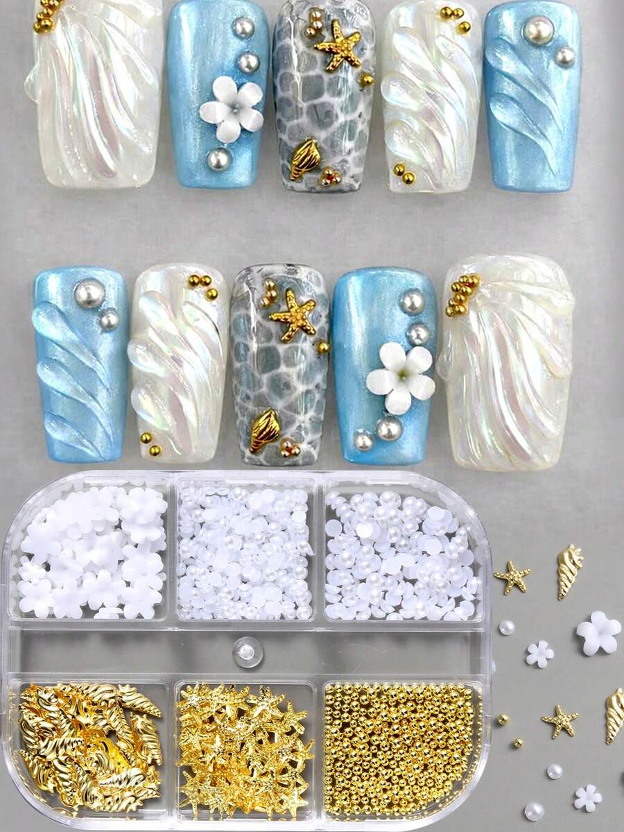 6格金色海洋主題美甲裝飾,含3D金色珠子、白色花朵珍珠、合金貝殼與海星混搭海洋主題美甲DIY配件美甲飾品 - 彩色 - 查看 1