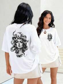 Intertwined Snakes With Intense Gazes, This 100% Cotton Women's T-Shirt Evokes Medusa With Her Timeless Power And Beauty. Hypnotic Creatures Crawl Through Her Hair. Suitable For Spring, Summer, And Autumn. - 白色 - 查看 1