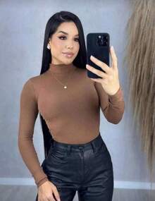 Women's Ribbed Second Skin High Neck Blouse For Everyday Use - Simple - 2 White + Brown Units - View 2