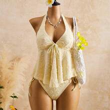 Traje de baño de encaje con cuello halter, tirantes ajustables, volantes, bikini de dos piezas que realza la figura, ideal para aguas termales. - Rosa Fucsia - Ver 2
