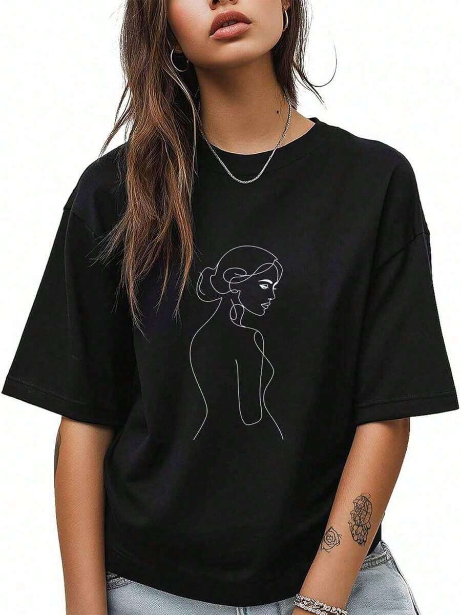 Versatile Everyday T-Shirt, Women's Crewneck Tee, Female Line Pattern Short Sleeve Casual Shirts, Easter T-Shirts For Baby Girls, Summer Clothes, Anime Prints, Essential World Cup Support Clothing, Graphic Design T-Shirts For Toddlers, Suitable For Everyday Wear, Men's T-Shirt - 黑色 - 查看 1