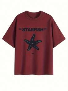 Y2K Women's Cartoon Starfish Graphic T-Shirt - White Short Sleeve "STARFISH" Print Tee, Loose Fit, Crew Neck, Casual And Versatile Design, Relaxed Fit | Playful Graphic Tee | Comfortable Fit - 酒紅色 - 查看 2