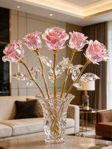 Sparkling Eternal Crystal Rose Bouquet 1pc/3pcs/5pcs Set - Realistic Plastic Roses With Exquisite Pink Tint, Perfect Gift For Couples, Suitable For Weddings, Valentine's Day, Anniversaries, Party Holiday Decor, Reusable - Multicolor - View 3