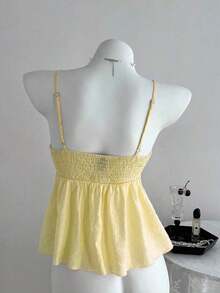 Camiseta de tirantes con volantes de unicolor lindo para damas, ropa de verano para la universidad - Amarillo 2 - Ver 2