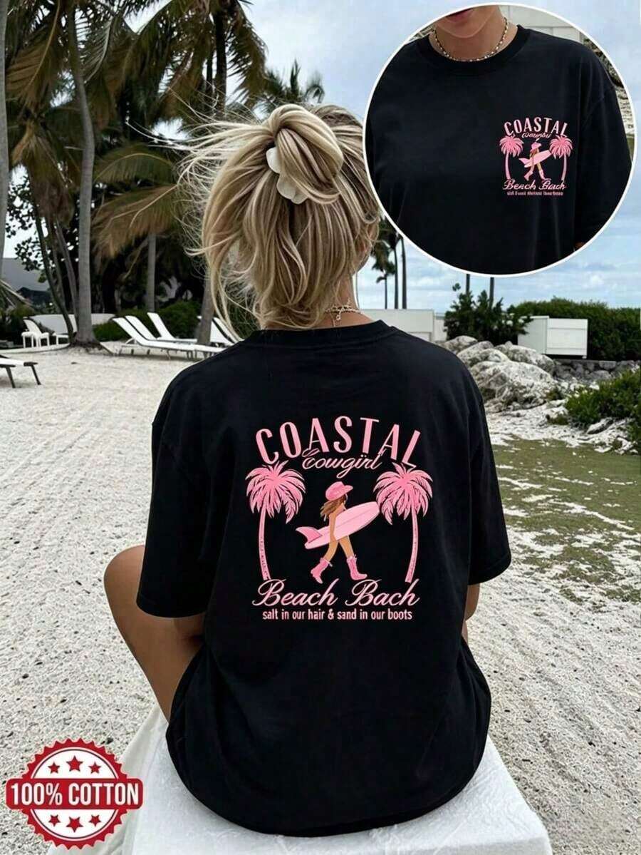 Casual T-Shirt [Double-Sided Print On Front And Back] Spring Summer, Women's Casual Loose Fit T-Shirt, Beach Style, Palm Tree, Surfboard, Beach Print, Vacation Print, Short Sleeve, Round Neck, Pure Cotton, Plus Size, Drop Shoulder [Chu], Women's Tops, Women's Vacation Clothes 2026 100% Cotton, Durable - 黑色 - 查看 1