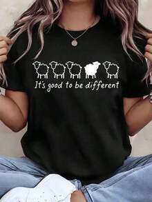 Soft, Breathable, And Lightweight For All-Day Comfort. Women's T-Shirt With A Sheep Print And The Slogan "It's Good To Be Different," Crew Neck, Regular Fit, Casual Wear, Gift Idea, 220g. Classic Crew Neck With A Relaxed Fit That Flatters All Body Shapes And Is Easy To Pair With Jeans, Shorts, And Leggings. - 白色 - 查看 7