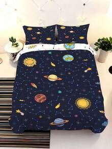 2/3件組 銀河太空行星星座兒童床上用品套裝，深藍色太陽系星星流星印花被套組，柔軟輕盈外太空床品套裝，適用單人/雙人/加大床 - 彩色 - 查看 4