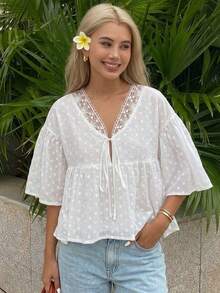 Blusa holgada de unicolor con mangas acampanadas, top de verano para mujeres - Blanco - Ver 6