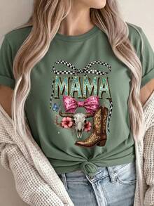 Women's & Men's Leisure T-Shirt And Size S For Women And Men, Women's T-Shirt, Size S, For Leisure Travel, College Party, MAMA Plaid Ribbon, Pink Rhinestone Bow, Bull Skull, Pink Hibiscus Flowers, Leaves, Brown Cowboy Boot, Blue Butterfly, Bright Stars. - 綠色 - 查看 1