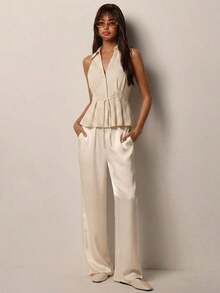 Blusa elegante sin mangas con cintura anudada para mujer, versátil para ir al trabajo, la oficina y salidas casuales, ajuste regular, estilos a rayas y lisos, blusas casuales de negocios para mujer, últimas novedades en blusas para mujer - Caqui - Ver 3