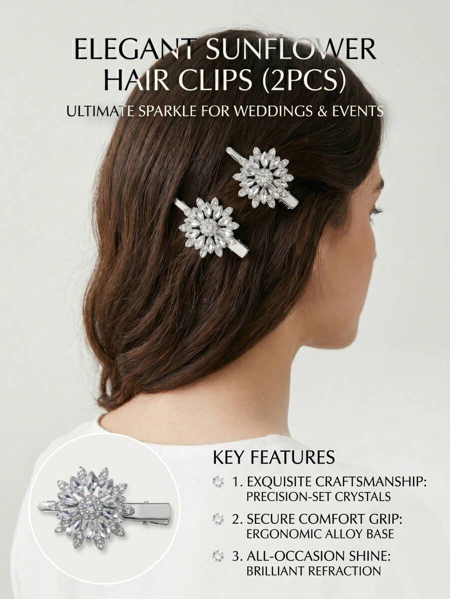 2pcs Crystal Flower Hair Clips, Sparkling Rhinestone Hair Clips Suitable For Weddings, Daily Wear, Elegant Crystal Flower Hair Clips, Crystal Hair Accessories Suitable For Brides, Galas And Parties