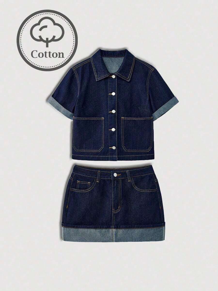 Maija Conjunto de top casual y falda de mezclilla para mujer - Azul lavado oscuro - Ver 1