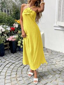 YHHSylviya Vestido maxi con abertura y estampado floral 3D en escote halter, vestido de verano de color amarillo mantequilla para mujer, atuendos de verano, atuendos de vacaciones, atuendos de playa, vestidos de graduación, ropa de verano, vestidos de vacaciones, vestidos de playa, ropa de vacaciones, estilo bohemio, atuendos para salir, vacacionesYHH - Amarillo 3 - Ver 7