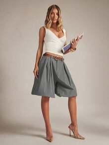 Pantalón corto/largo de mujer con dobladillo acampanado y fruncido - Gris Oscuro - Ver 6